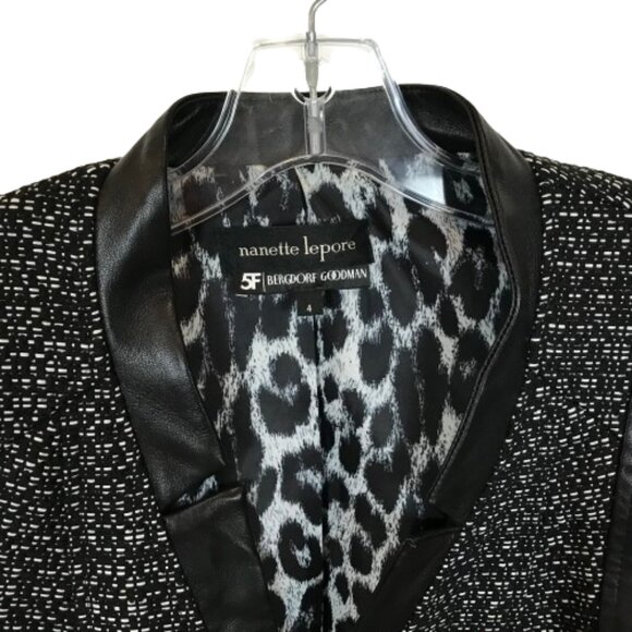 Womens Size 4 Nanette LePore 5F Bergdorf Goodman Tweed and Leather Accent Coat - Picture 2 of 5
